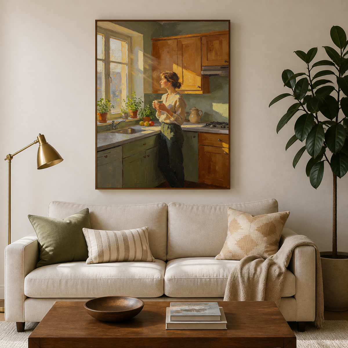 Morning coffee wall art in warm sage and wood tones