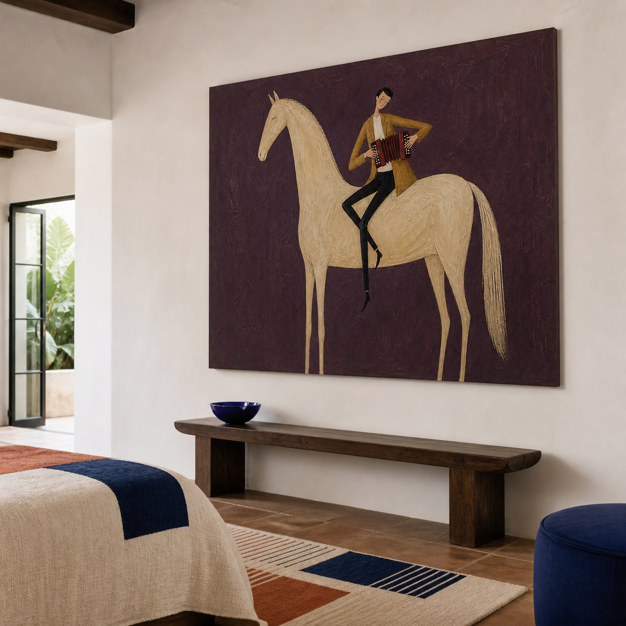 Music wall art featuring accordion player riding a horse