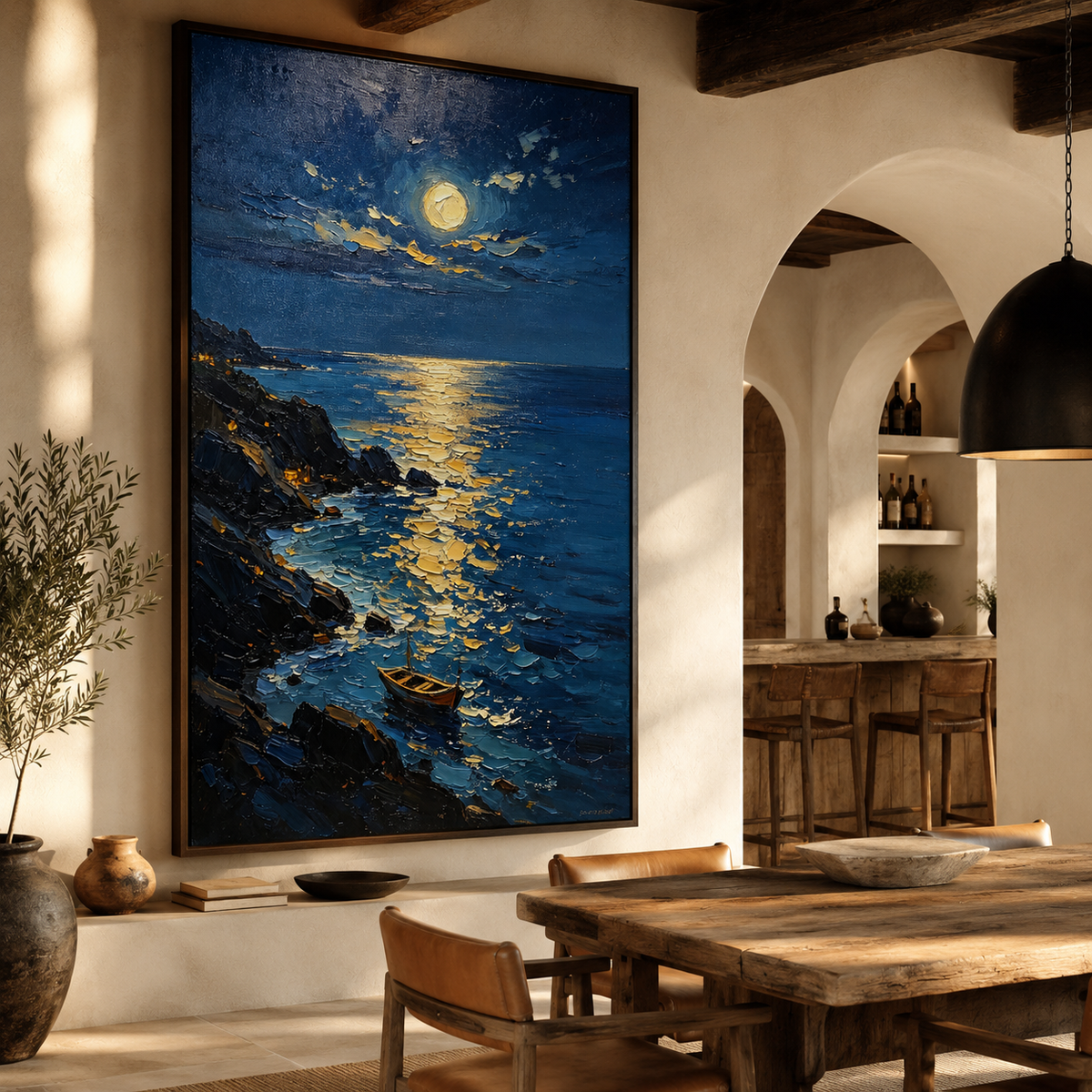 Textured night ocean painting with golden moon reflection
