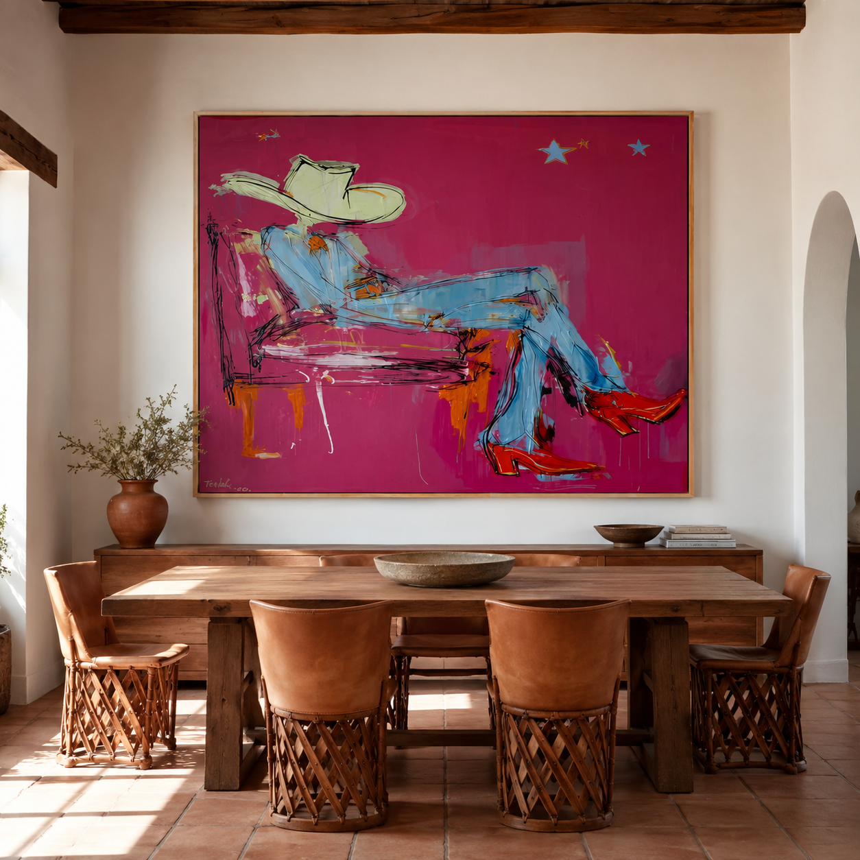 Pink western oil painting with palette knife texture