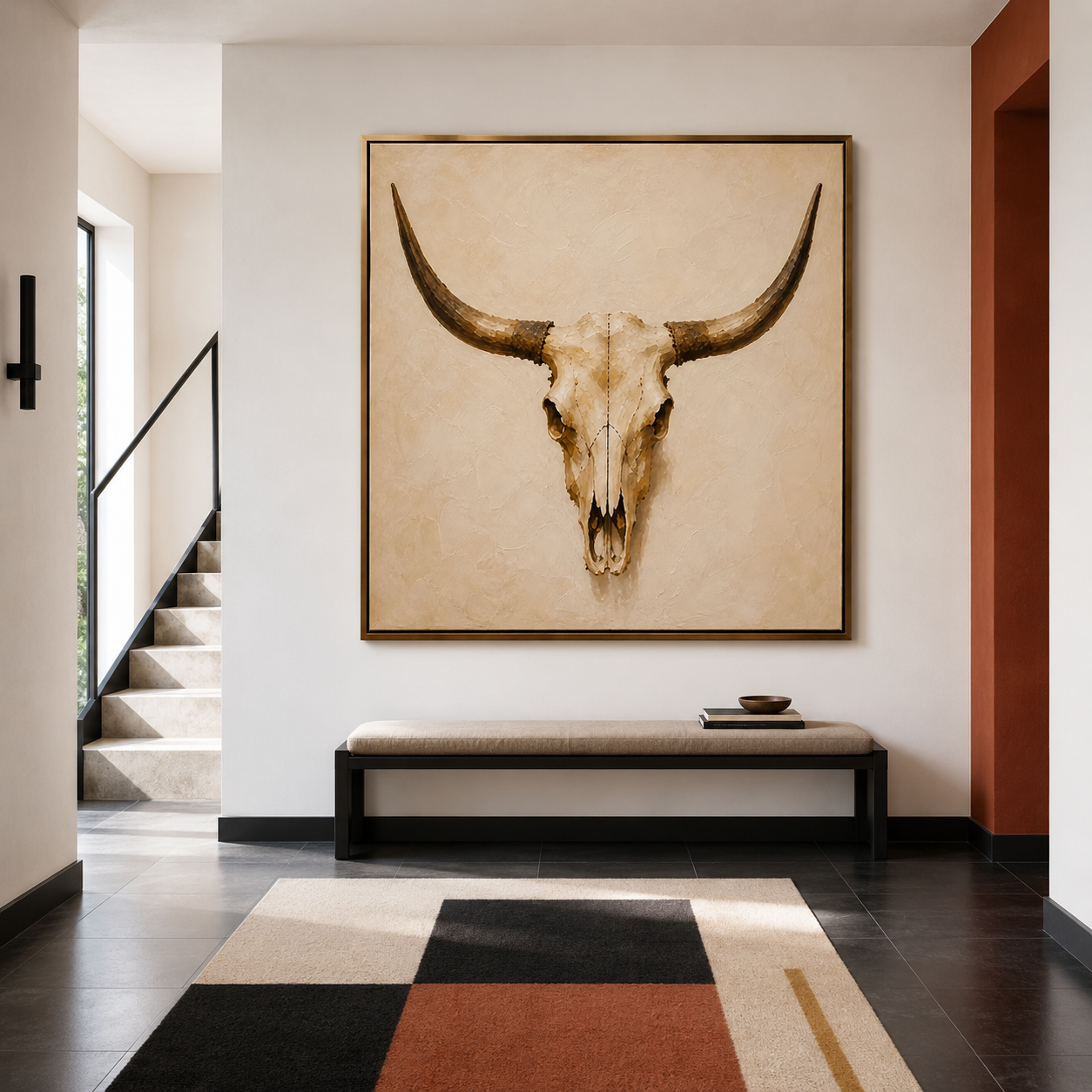 Modern southwestern wall art featuring handcrafted bull skull painting