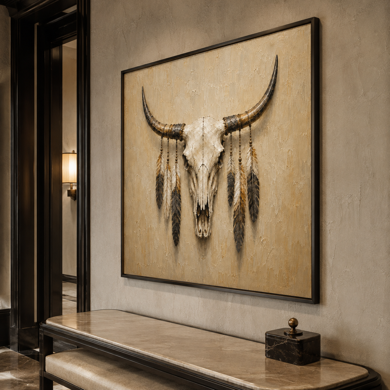 Western skull wall art in cream brown and black neutral tones