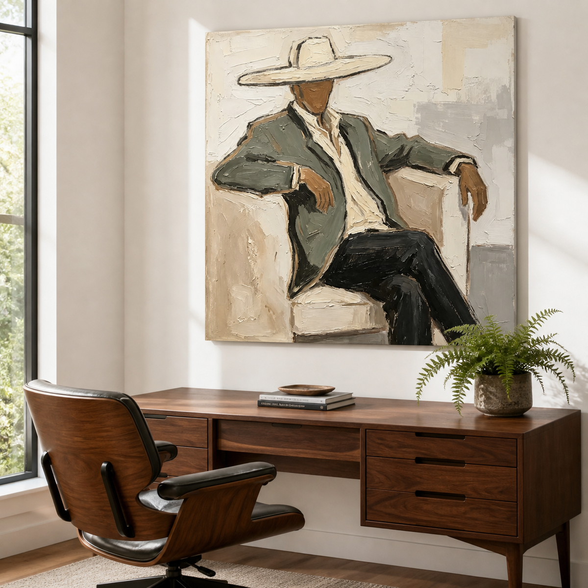 Textured Western portrait art with seated cowboy