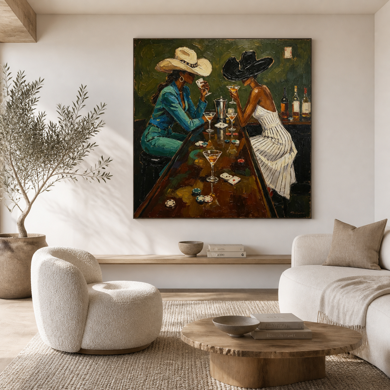 Two cowgirls playing cards at Western bar oil painting