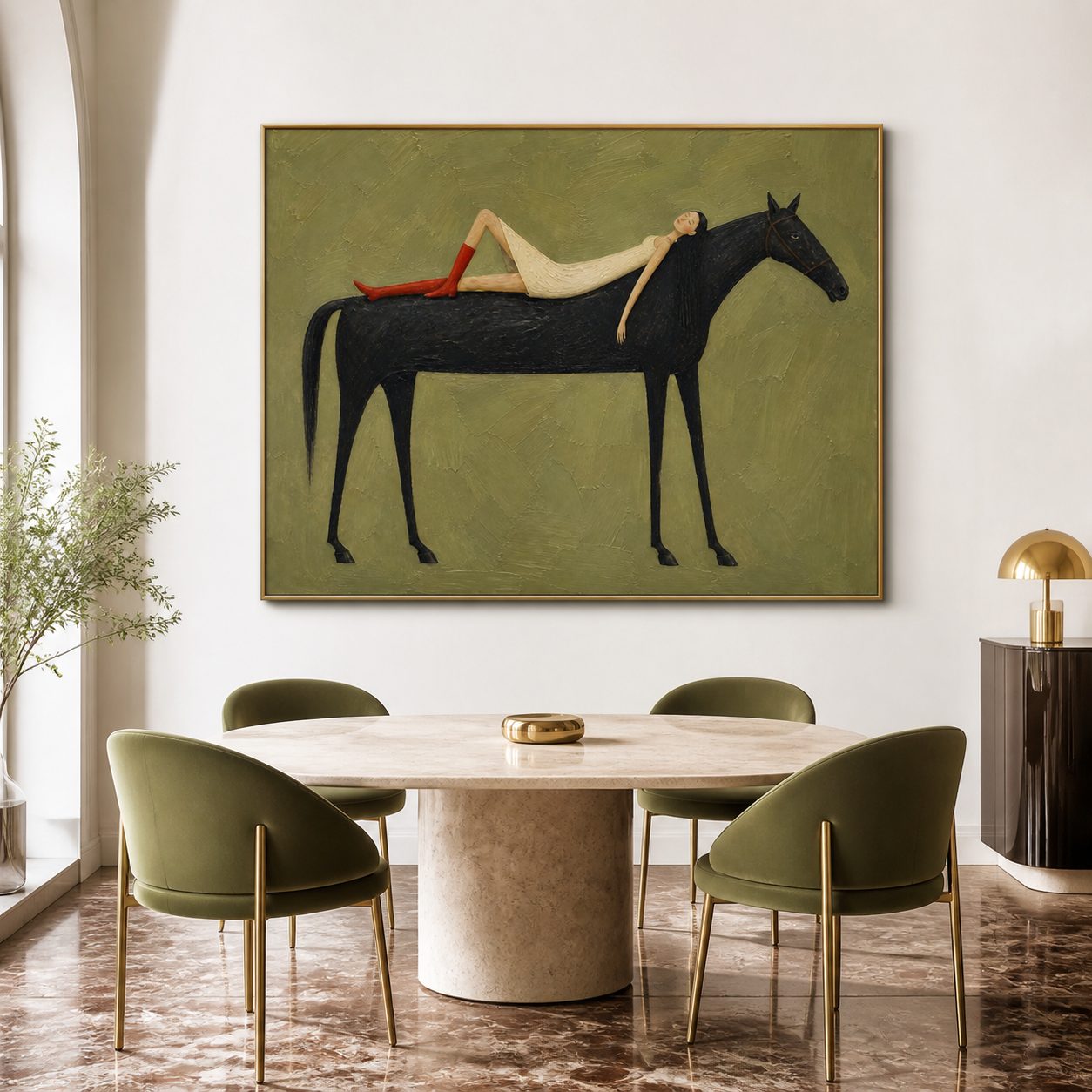 Vintage Americana wall art featuring a woman in a white dress and red boots reclining on a black horse against a muted olive green background. This textured figurative equestrian painting combines modern folk art with nostalgic character, creating distinctive statement decor for living rooms, bedrooms, studies, hallways, and eclectic interiors.