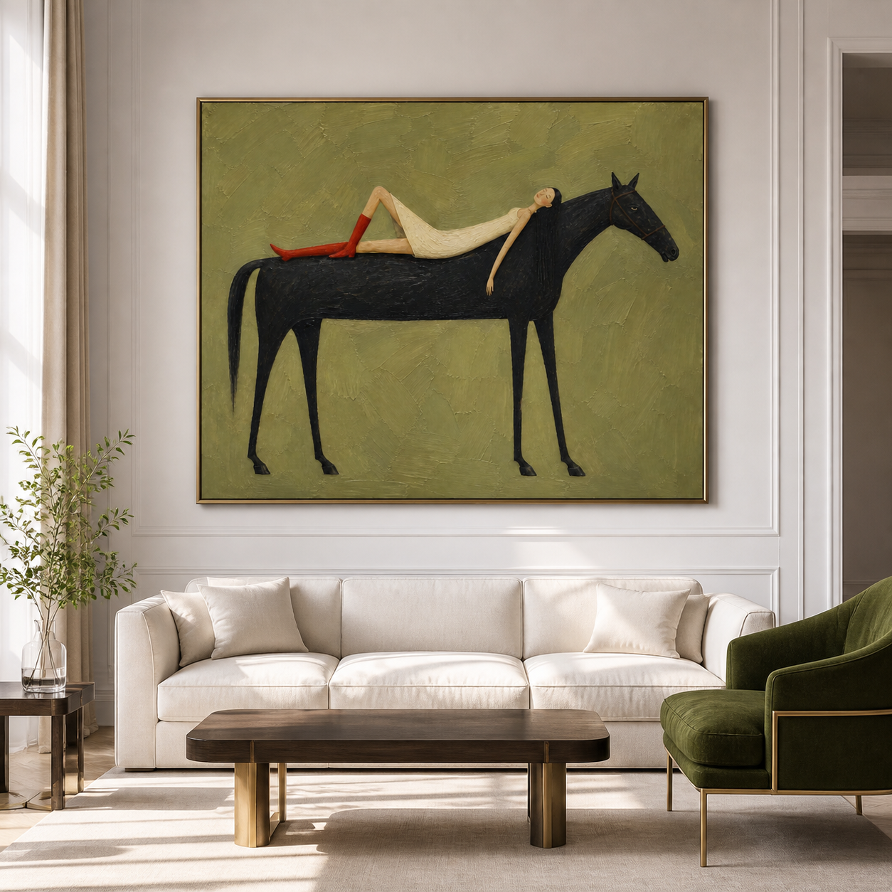 Vintage Americana woman and horse wall art featuring a woman in a white dress and red boots reclining on a black horse against an olive green background.