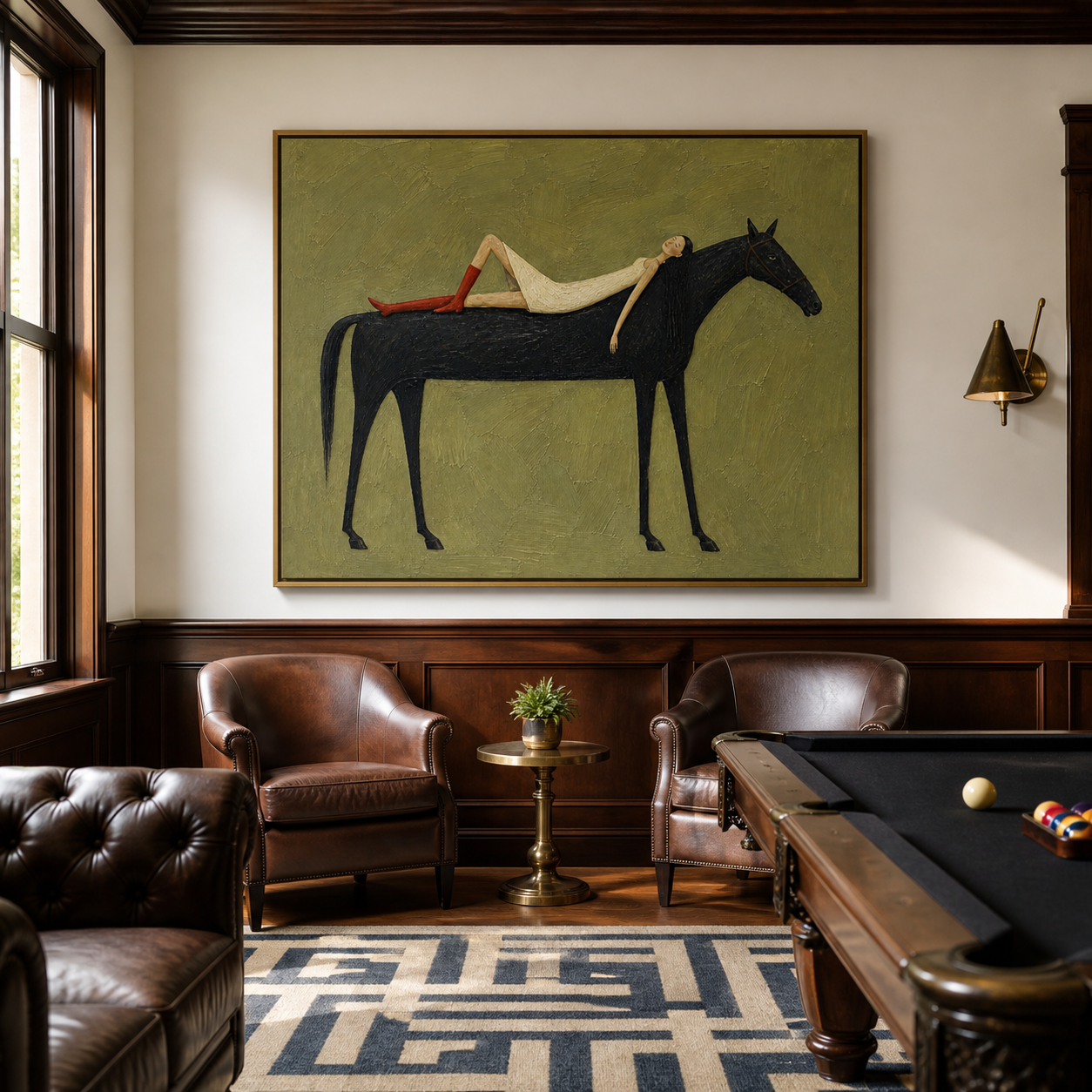 Vintage Americana woman and horse wall art featuring a woman in a white dress and red boots reclining on a black horse against an olive green background.