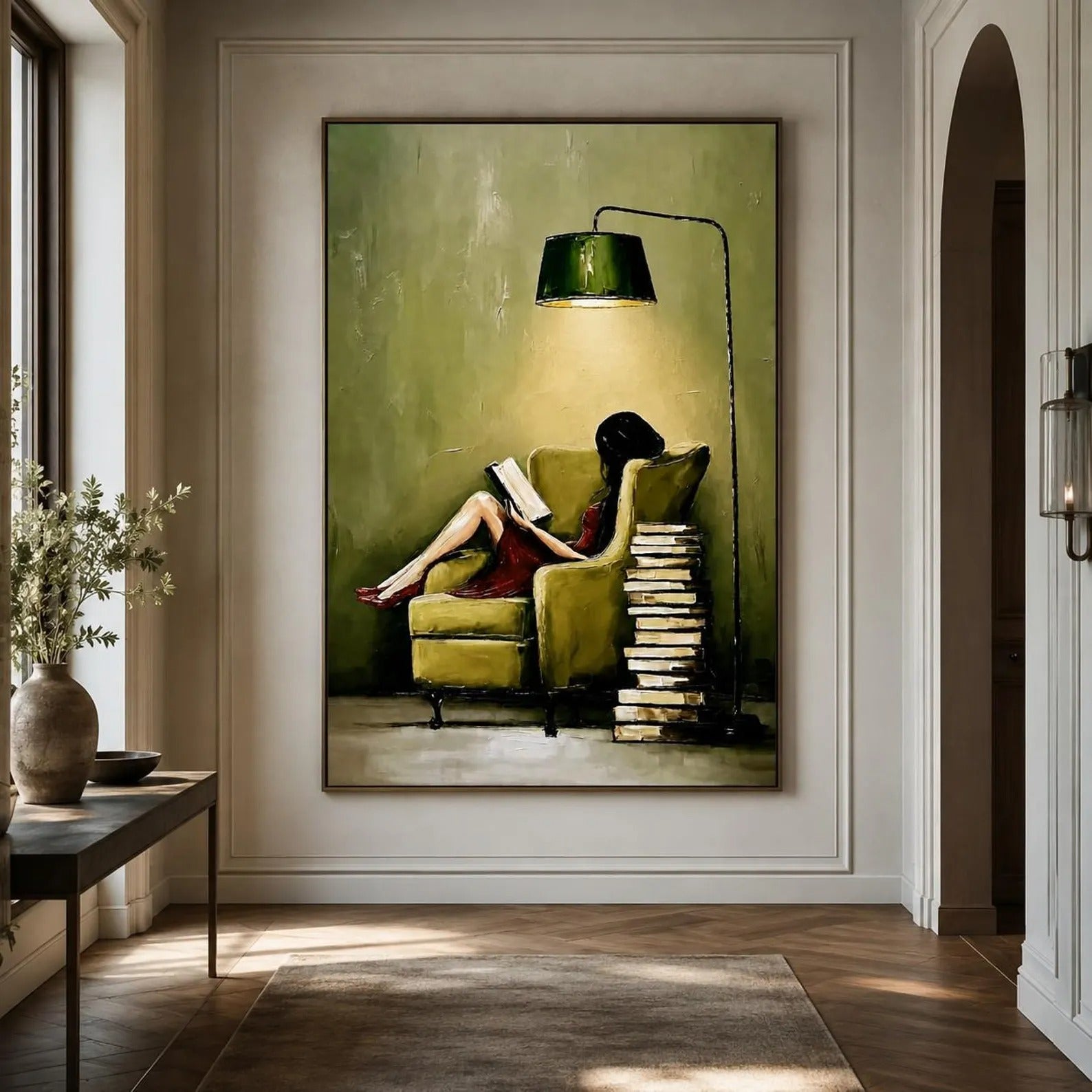 Vintage Reading Woman Canvas Art in Olive Green Tones