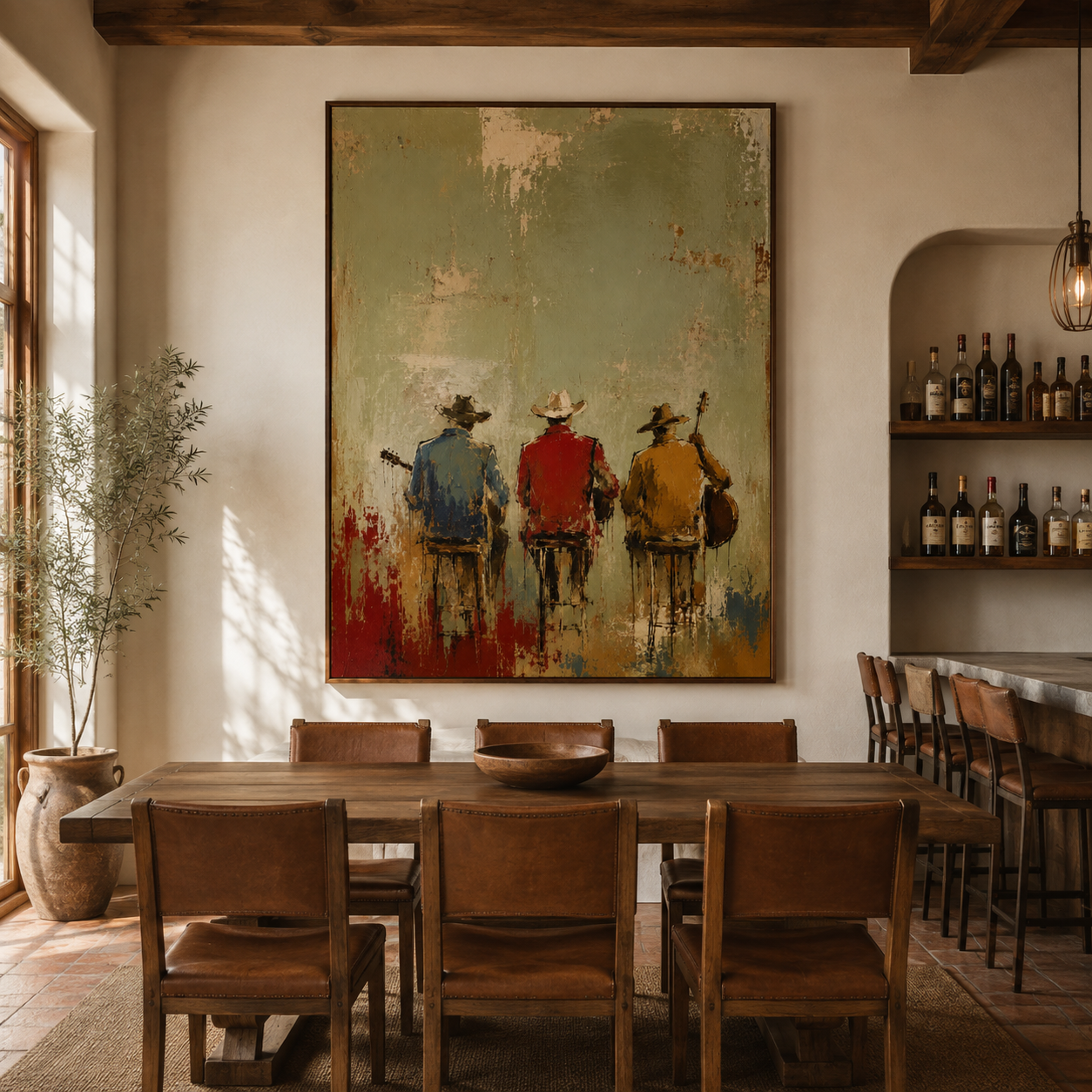 Vintage Western wall art featuring three musicians