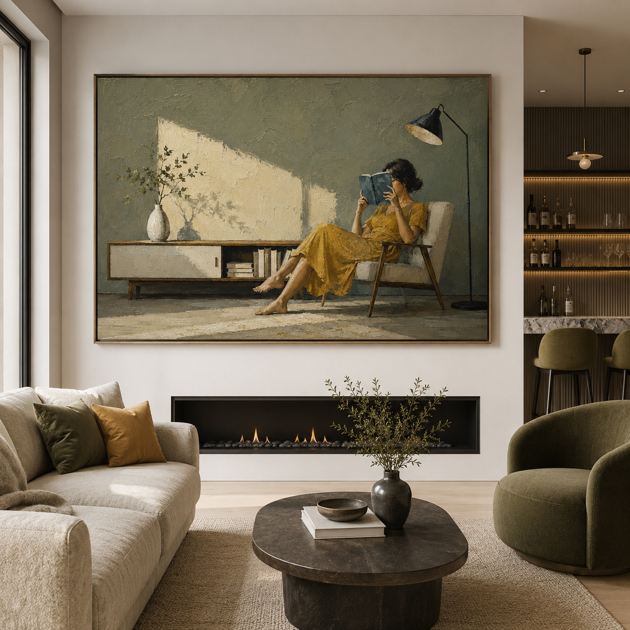 Vintage reading woman wall art with warm interior scene