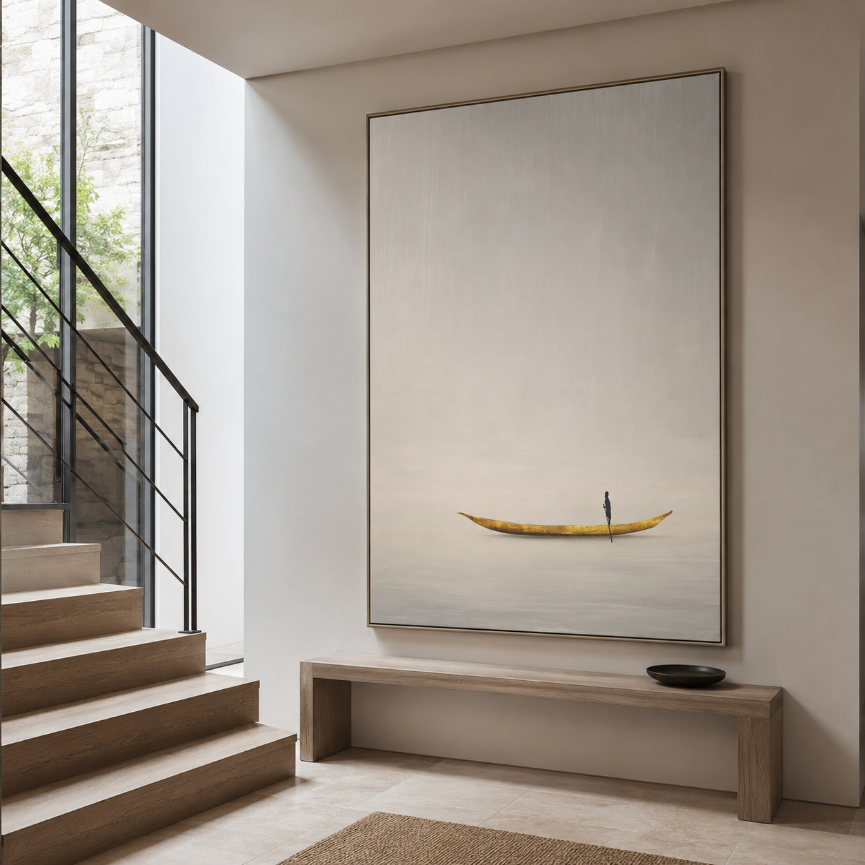 Wabi Sabi wall art with peaceful boat scene
