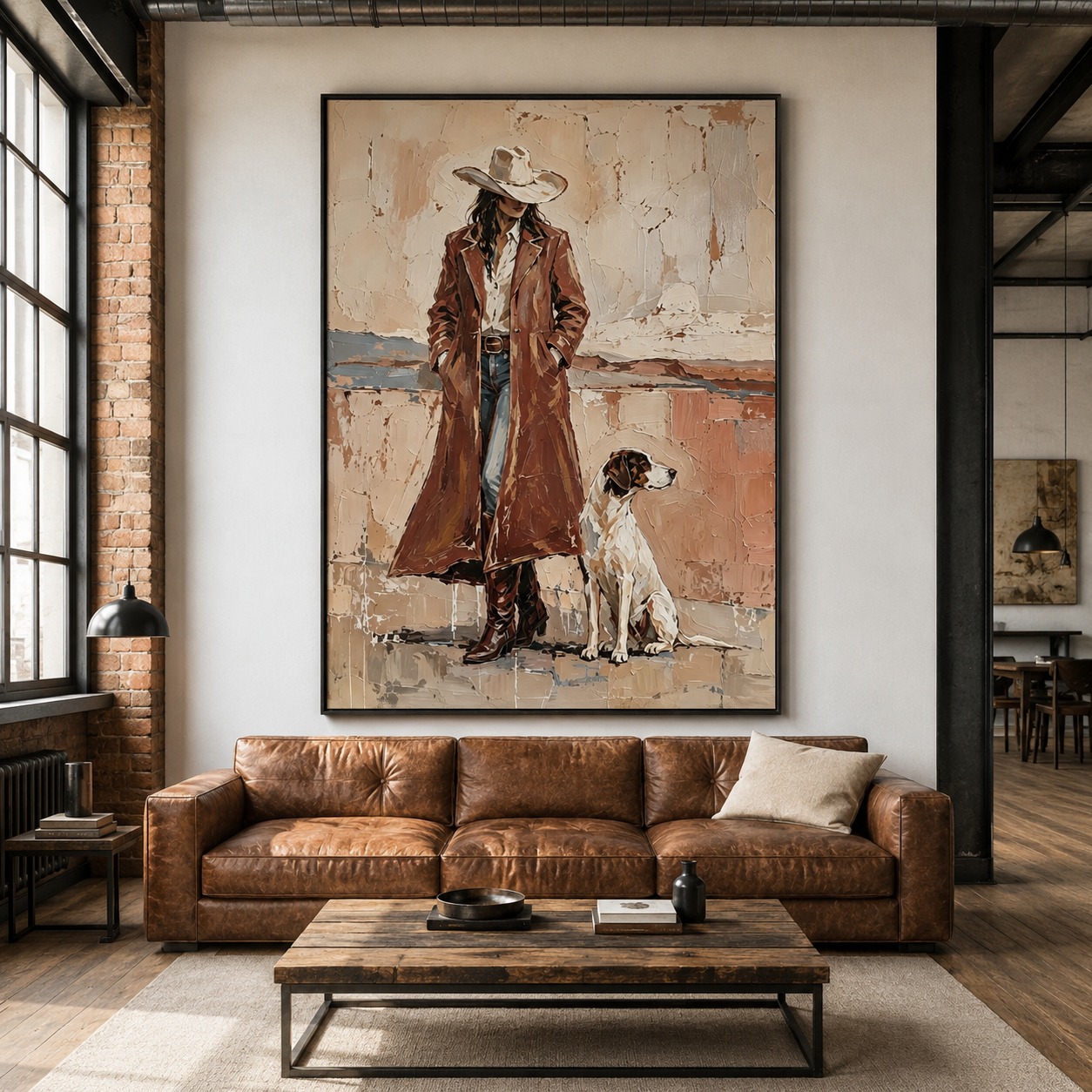 Western woman painting with loyal dog in warm earthy colors