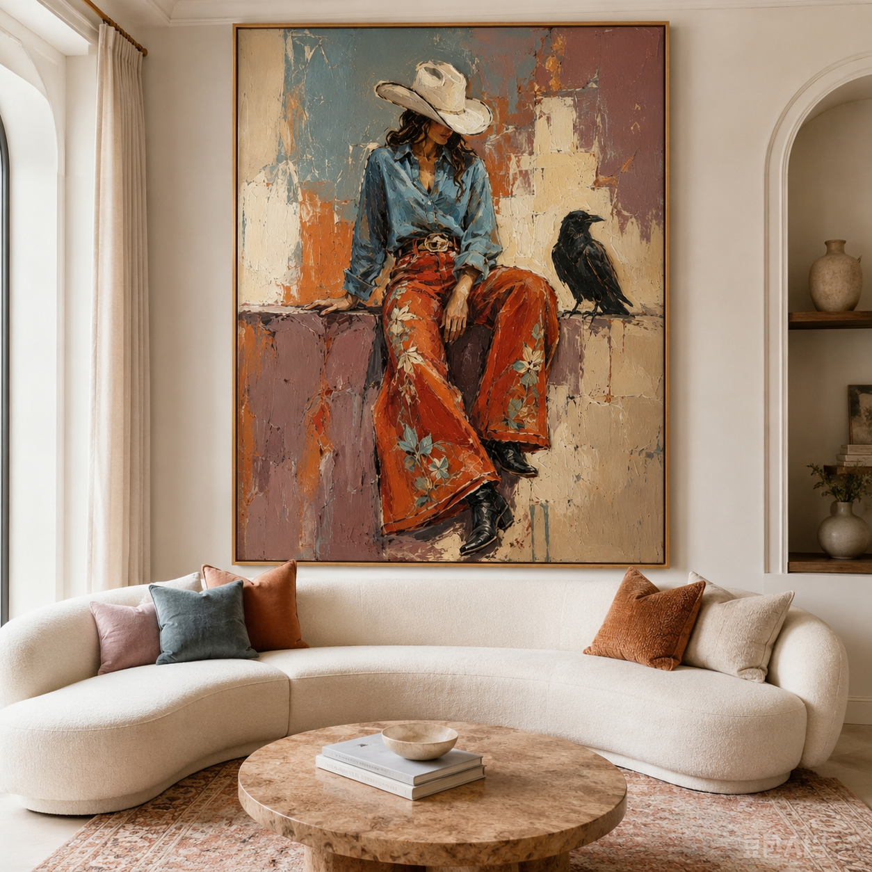 Western woman and raven wall art in terracotta and blue
