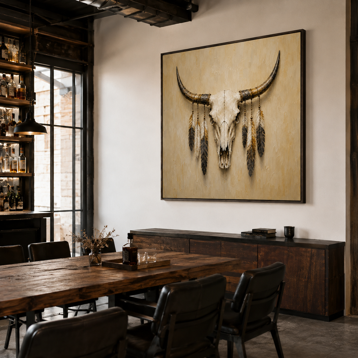 Western bull skull painting with long horns and feather details