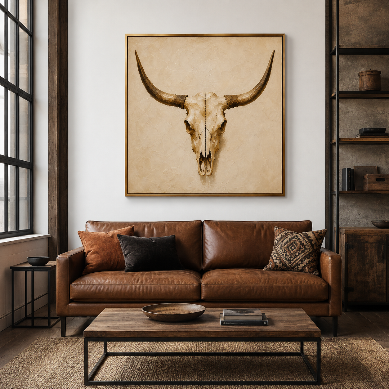 Hand painted bull skull wall art with textured canvas in modern western style living room