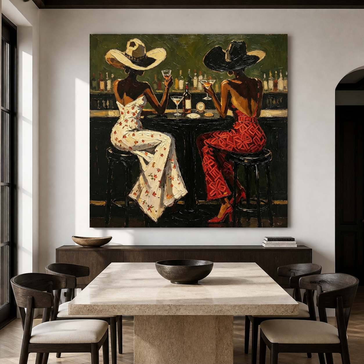 Western bar painting with two women in cowboy hats