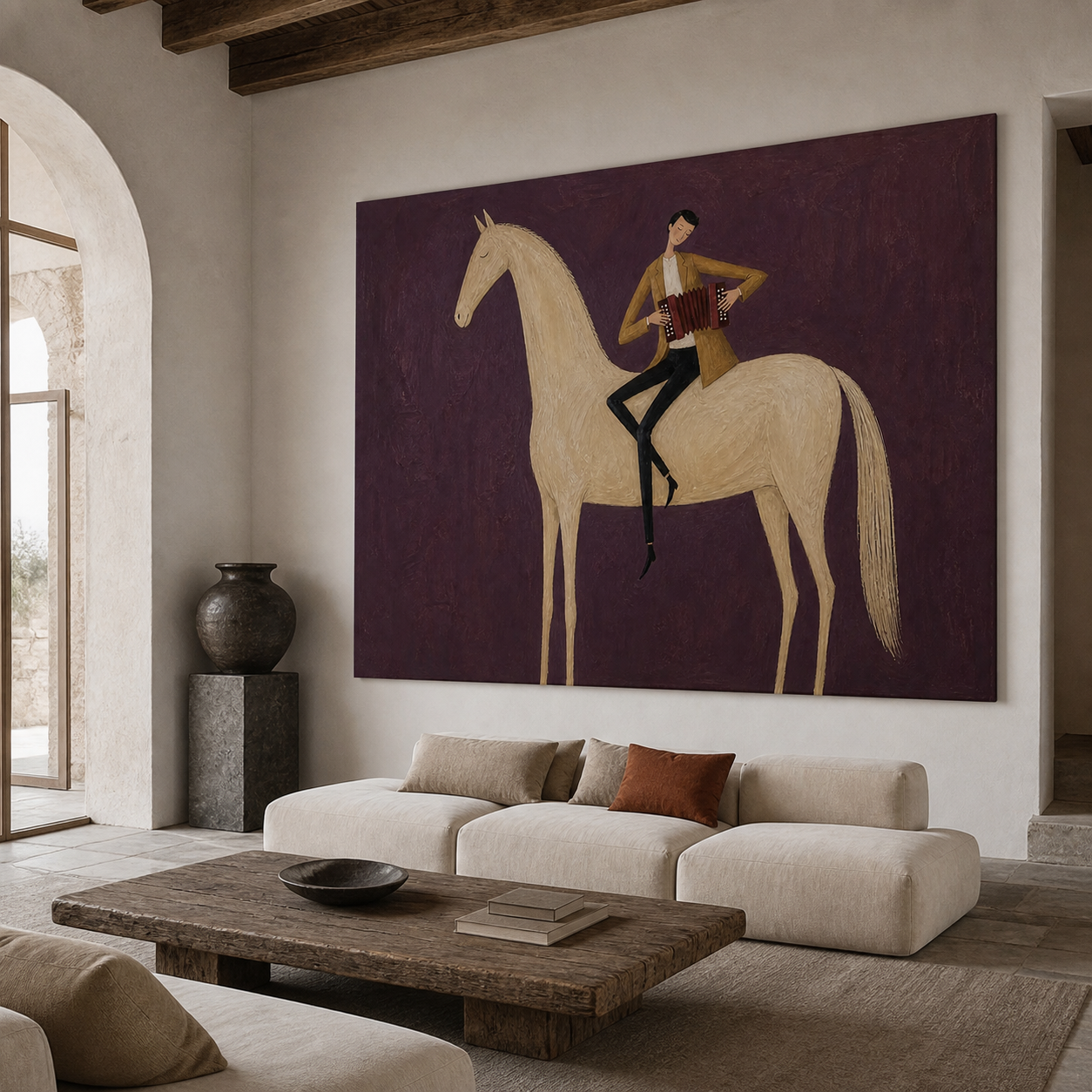 White horse wall art with male accordion player