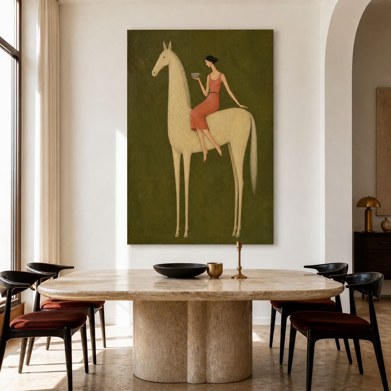 White horse wall art with woman in coral red dress