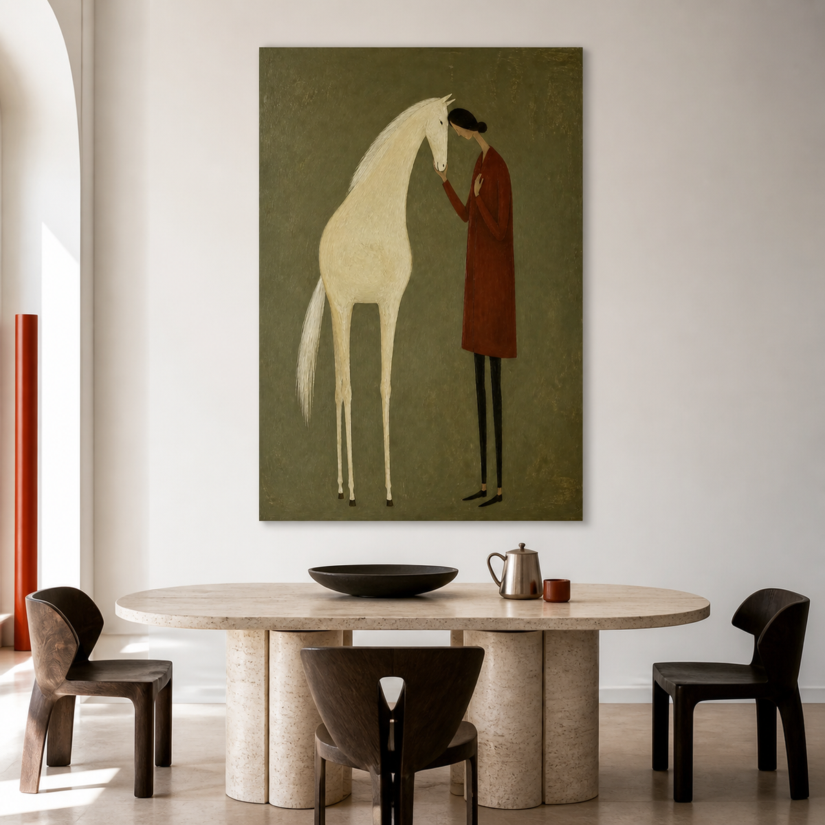White horse wall art with woman in rust red dress