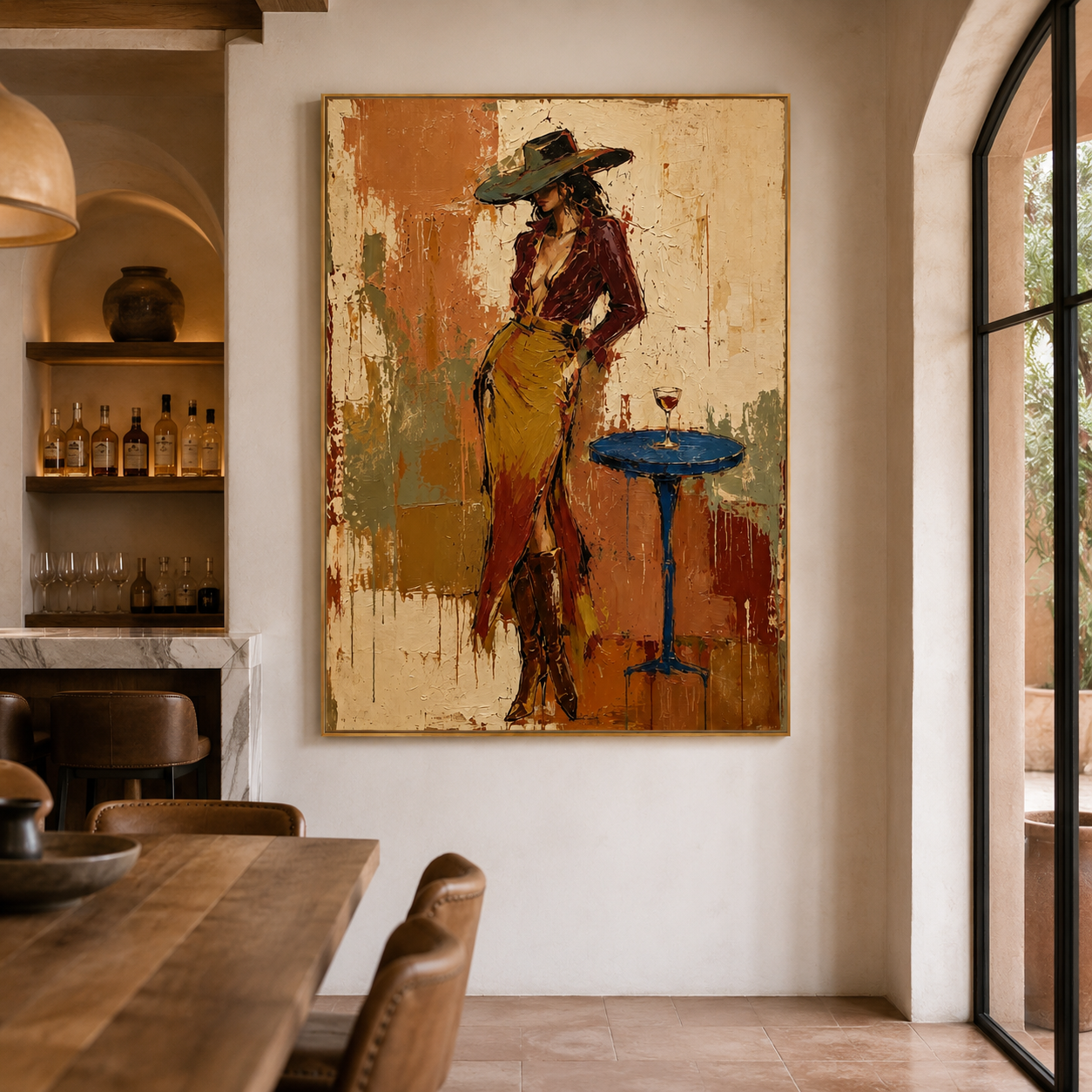 Western woman painting for dining room and home bar decor