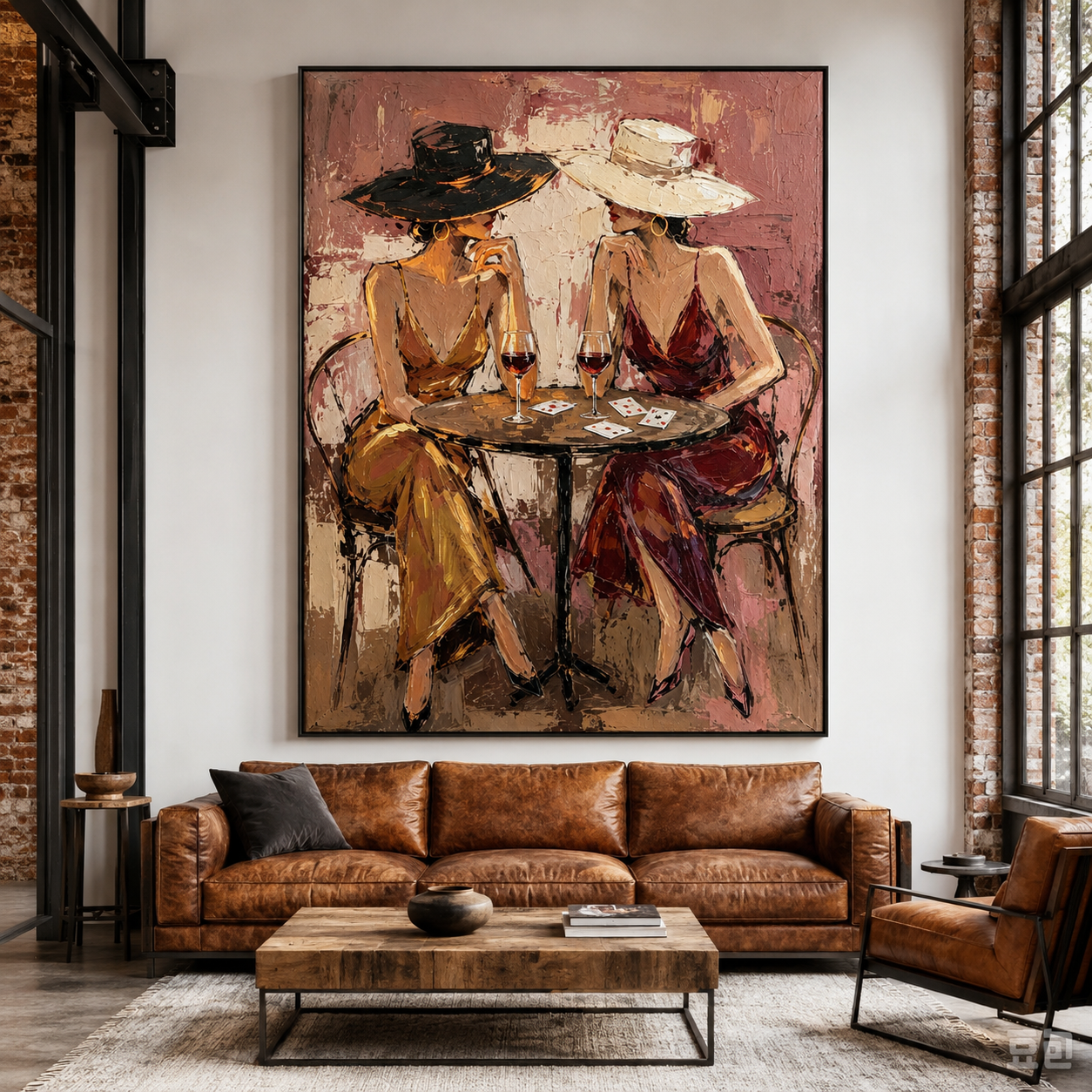 Women drinking red wine and playing cards wall art