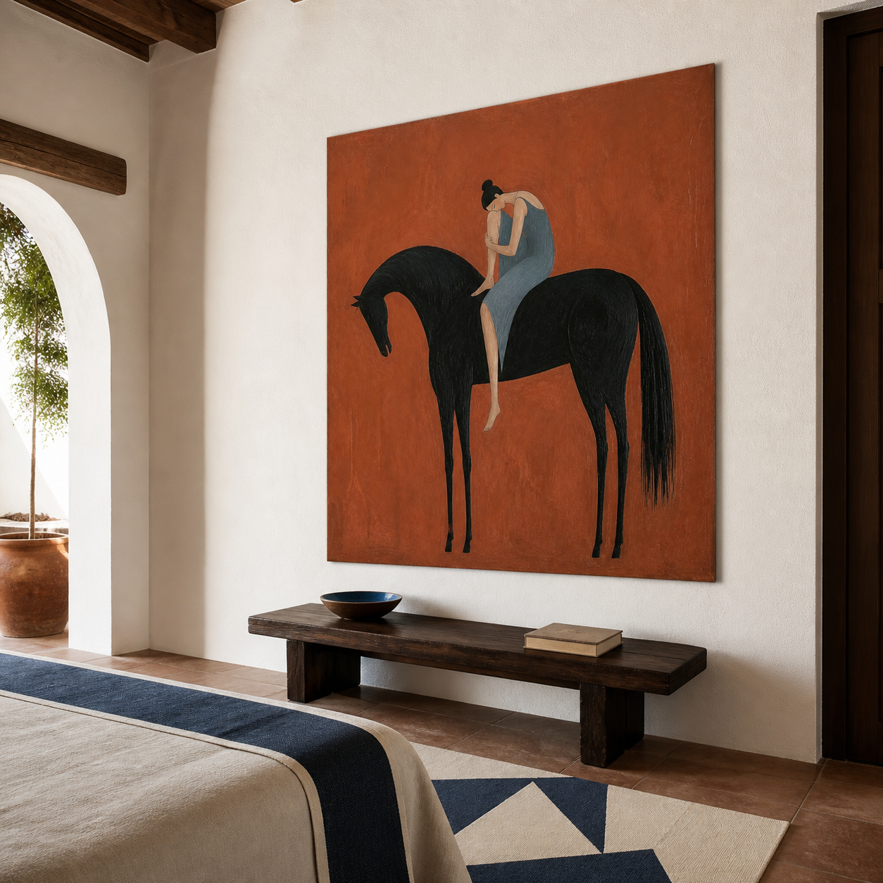 Woman and horse painting in blue black and rust orange tones