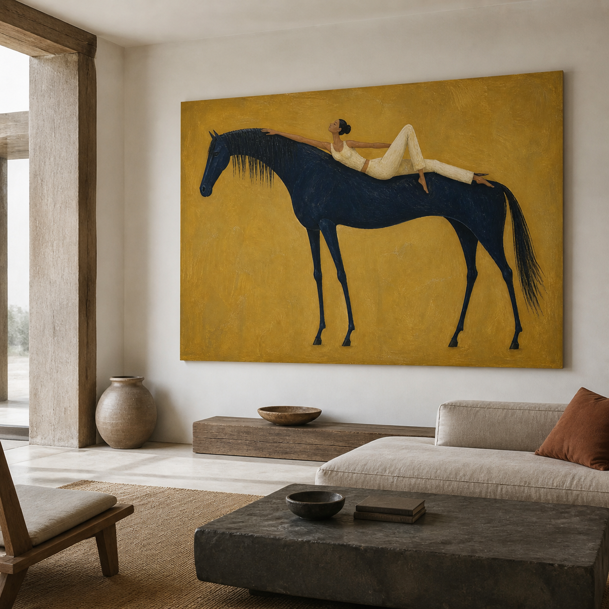 Woman and horse painting on warm ochre background