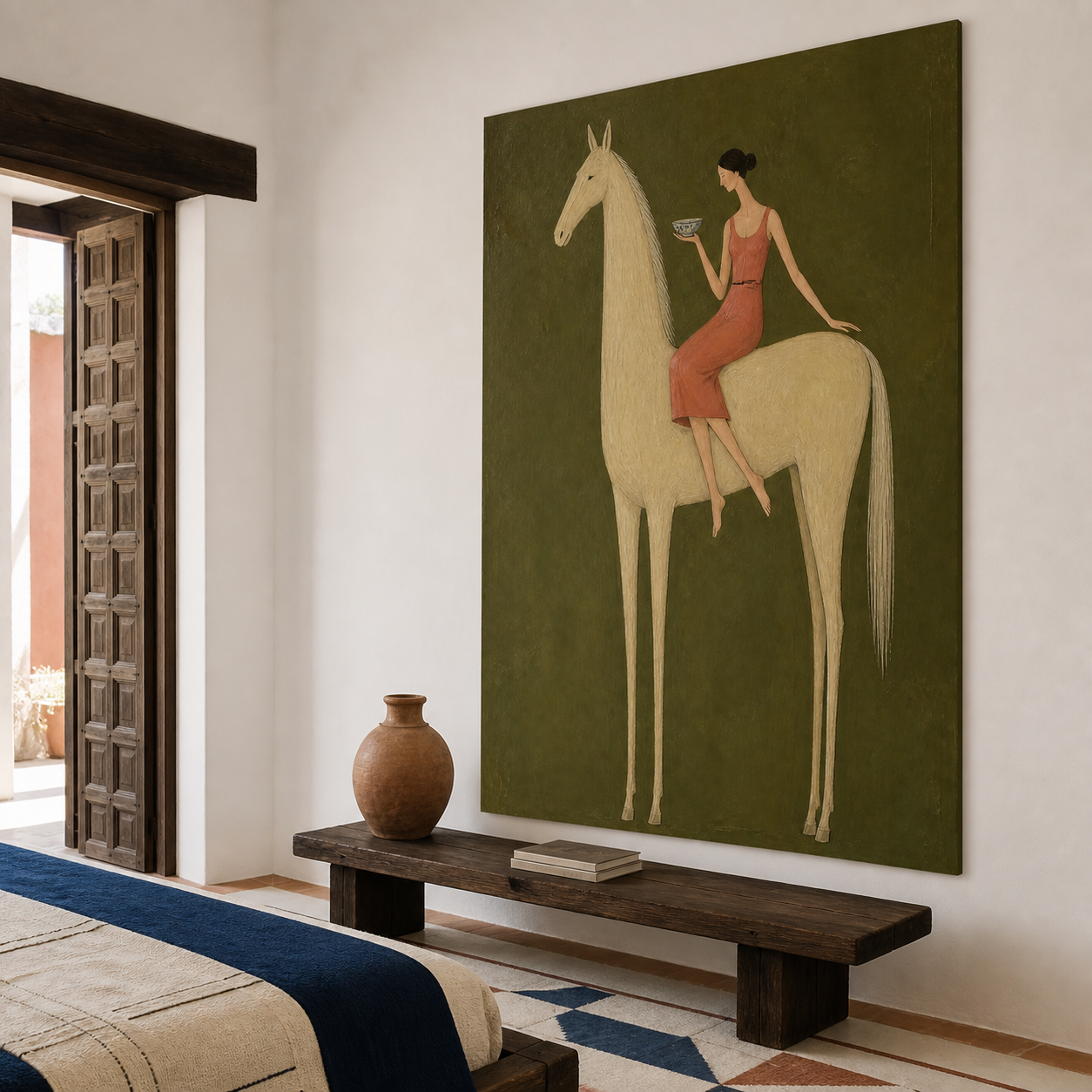 Woman and white horse wall art with teacup