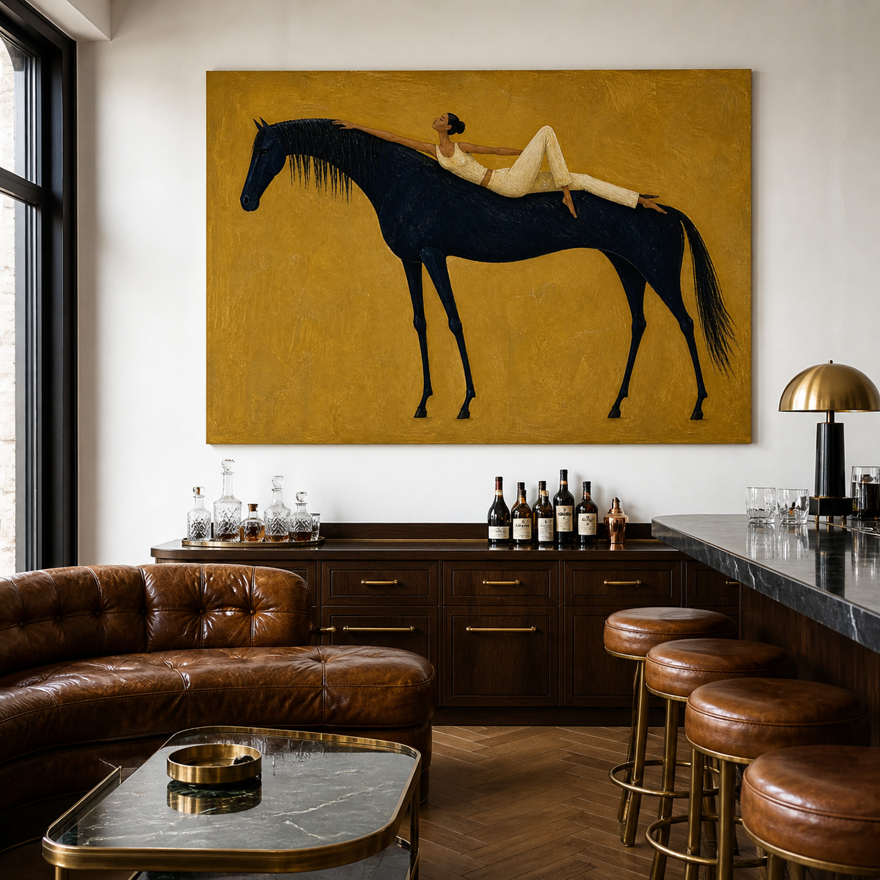 Woman lying on black horse oil painting with golden background