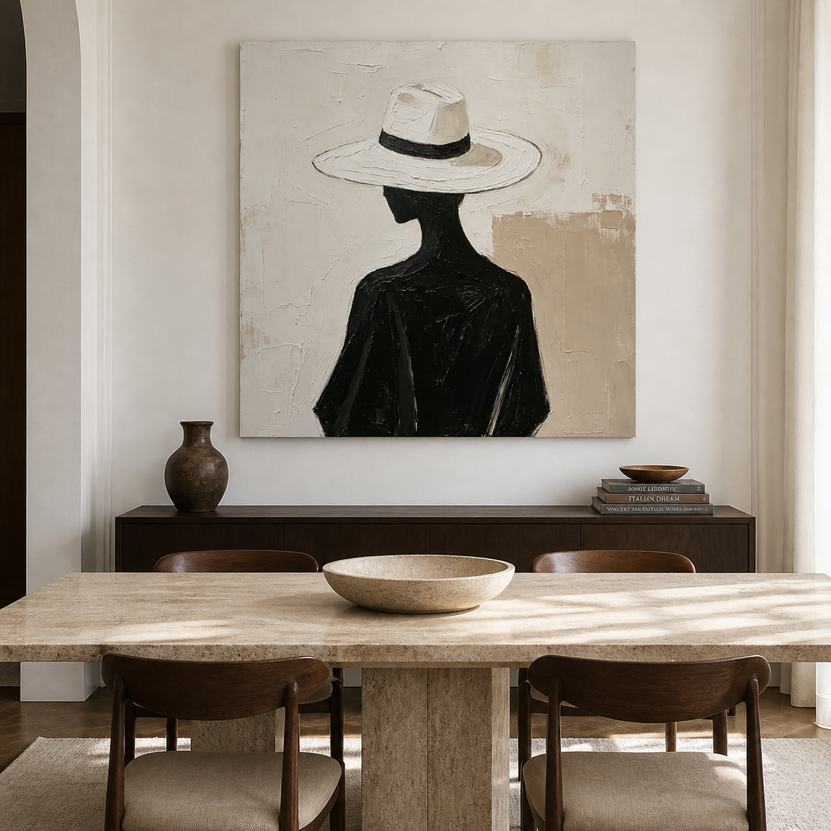 Woman wearing large cowboy hat hand-painted wall art