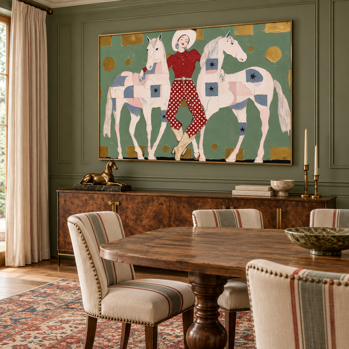 A woman in a red dotted outfit and white hat stands between two pale horses on a muted green field, with simple gold shapes around them, shown from an angle in a dining room.
