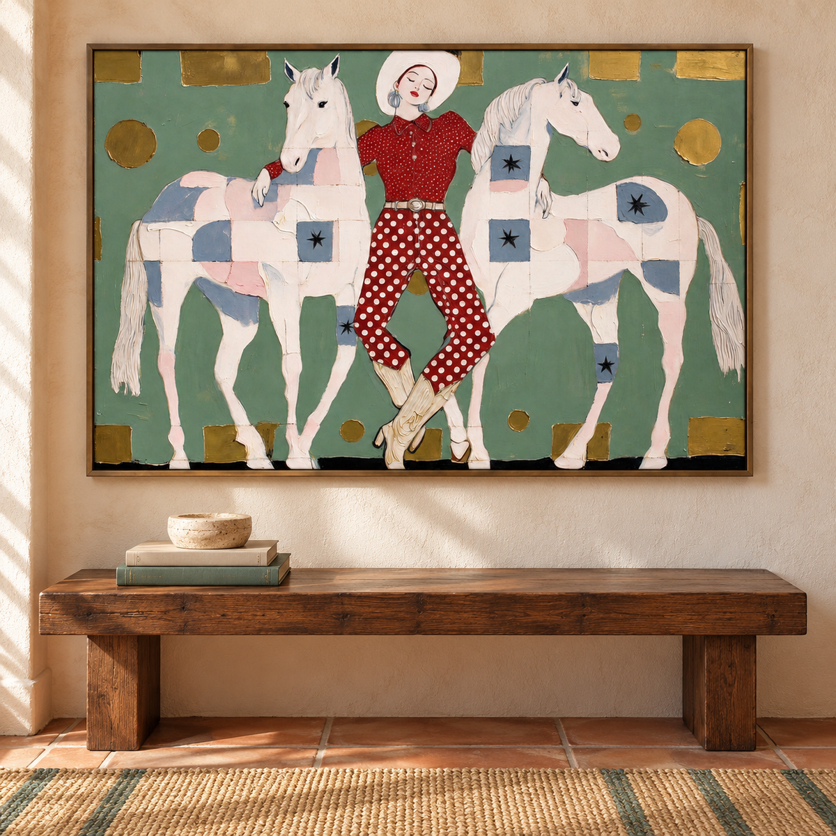A woman in a red dotted outfit and white hat stands between two pale horses on a muted green field, with simple gold shapes around them, in an entryway.