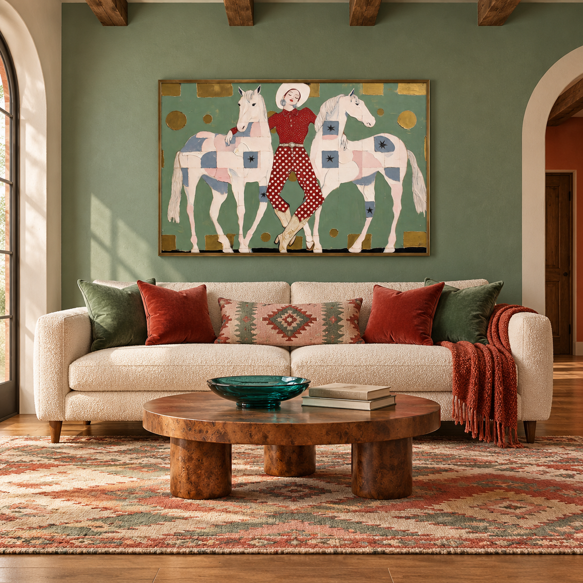 A woman in a red dotted outfit and white hat stands between two pale horses on a muted green field, with simple gold shapes around them, in a living room.