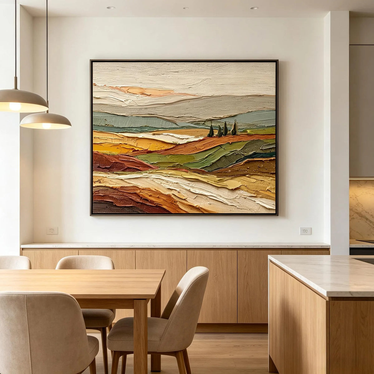 Rolling fields in ochre, rust and muted green with a small cluster of dark trees beneath a pale sky, shown in room setting 3.