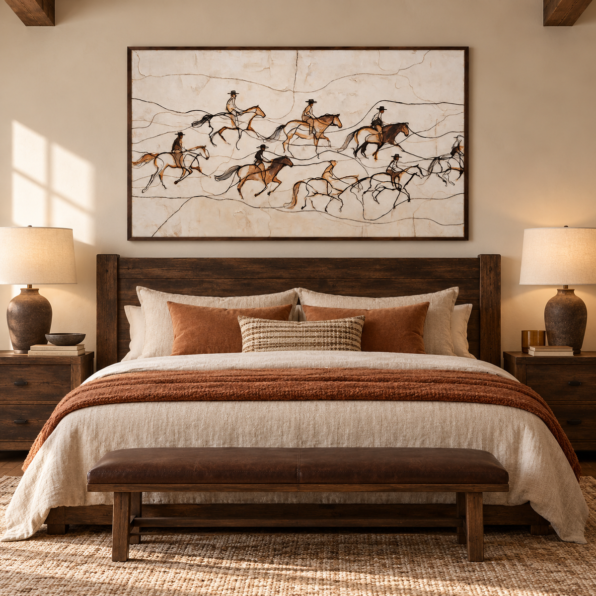 A wide, light drawing of several cowboys on horseback crossing an open field, using fine black lines and small brown accents on an ivory background., in a bedroom.