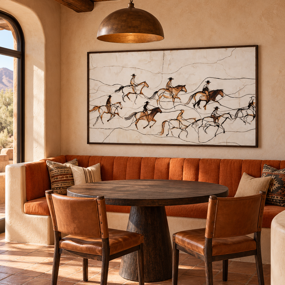 A wide, light drawing of several cowboys on horseback crossing an open field, using fine black lines and small brown accents on an ivory background., shown from an angle in a breakfast nook.