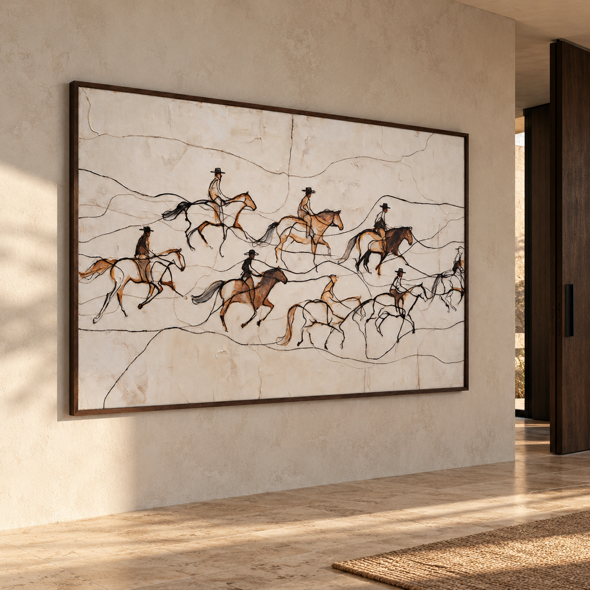 A wide, light drawing of several cowboys on horseback crossing an open field, using fine black lines and small brown accents on an ivory background., shown from an angle in a hallway.