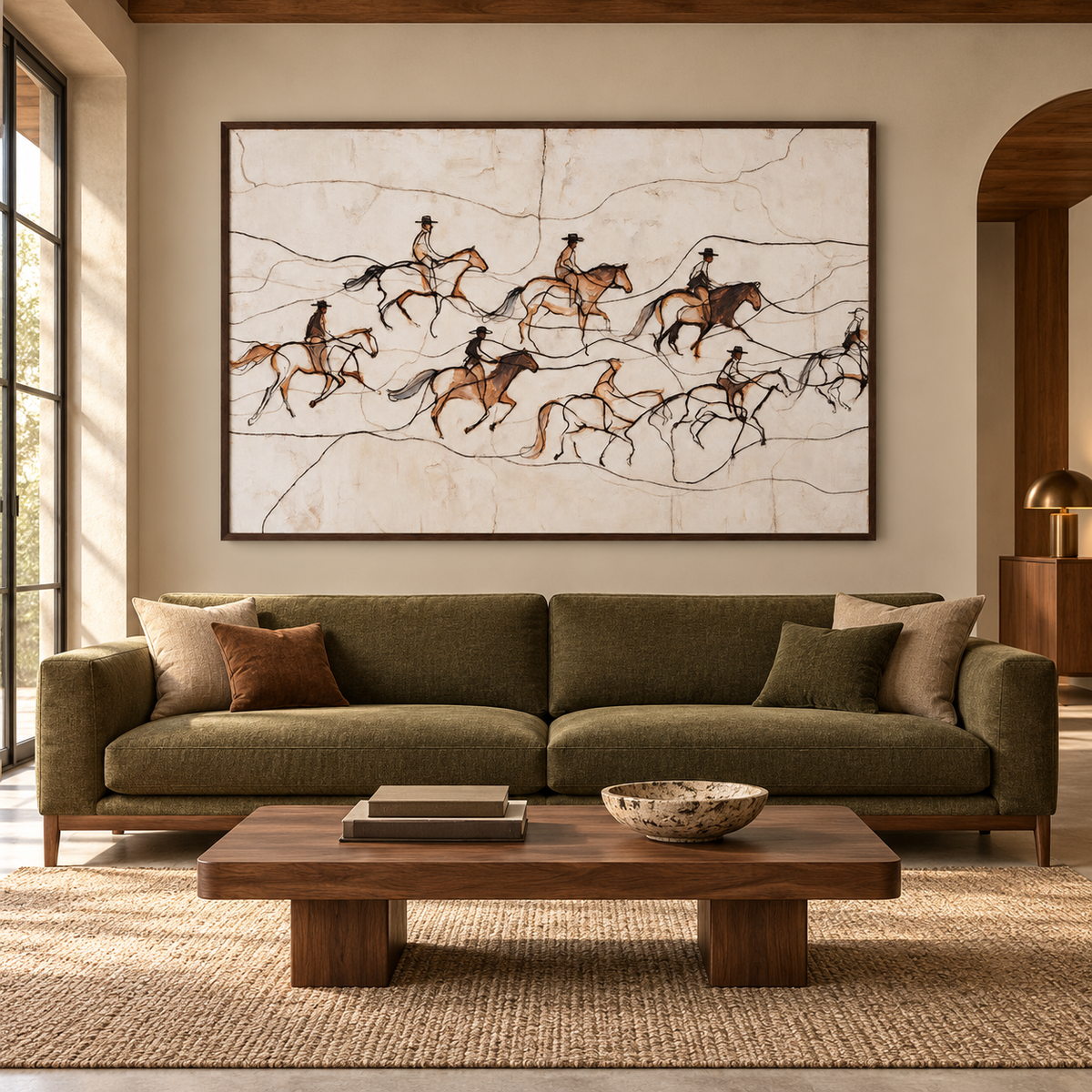 A wide, light drawing of several cowboys on horseback crossing an open field, using fine black lines and small brown accents on an ivory background., in a living room.