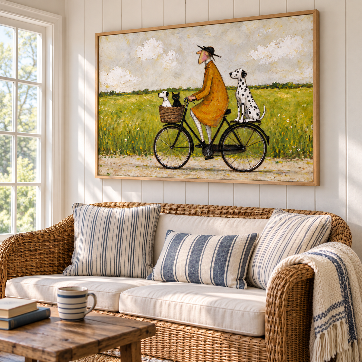 A man in an ochre coat riding a black bicycle with a small white dog and black cat in the front basket and a Dalmatian sitting over the rear wheel beside a green meadow, shown in room setting 4.