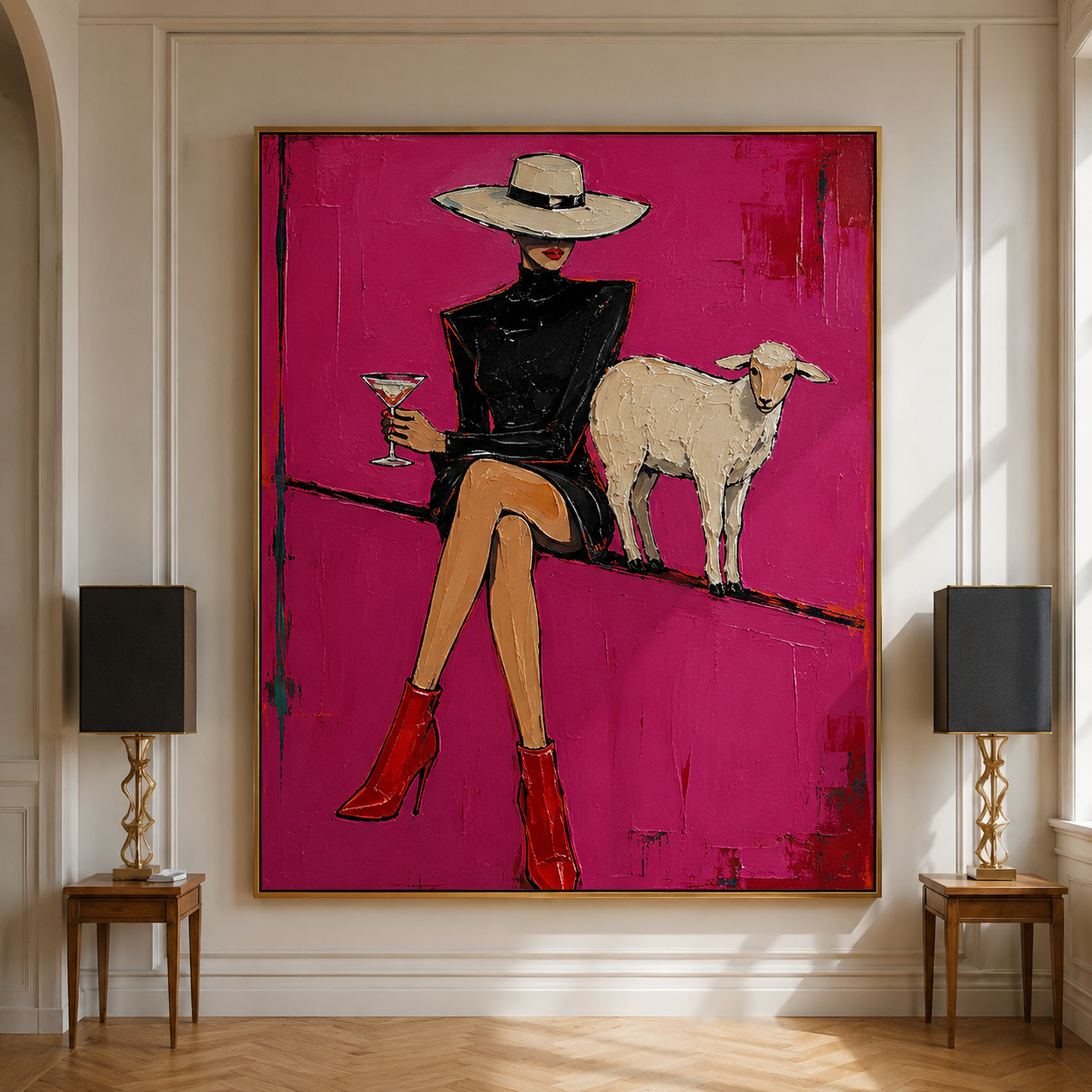 Hand-painted cowgirl wall art featuring a fashionable Western woman with a lamb, modern oil painting on canvas for living room decor
