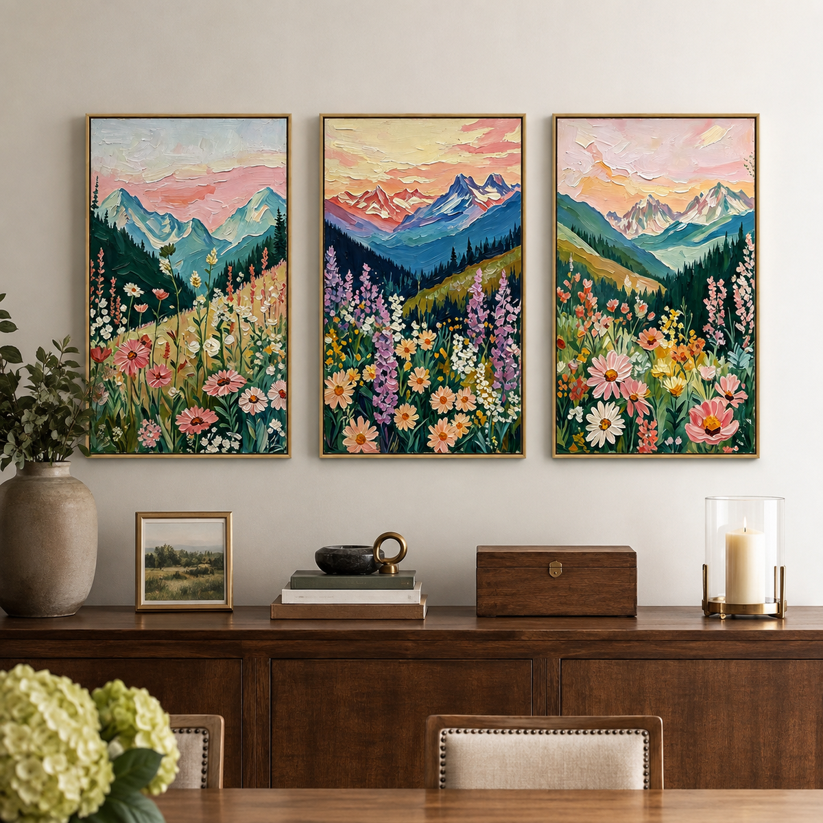 Blue mountain peaks, dark evergreen slopes, and colorful wildflowers across three panels, in a dining room.