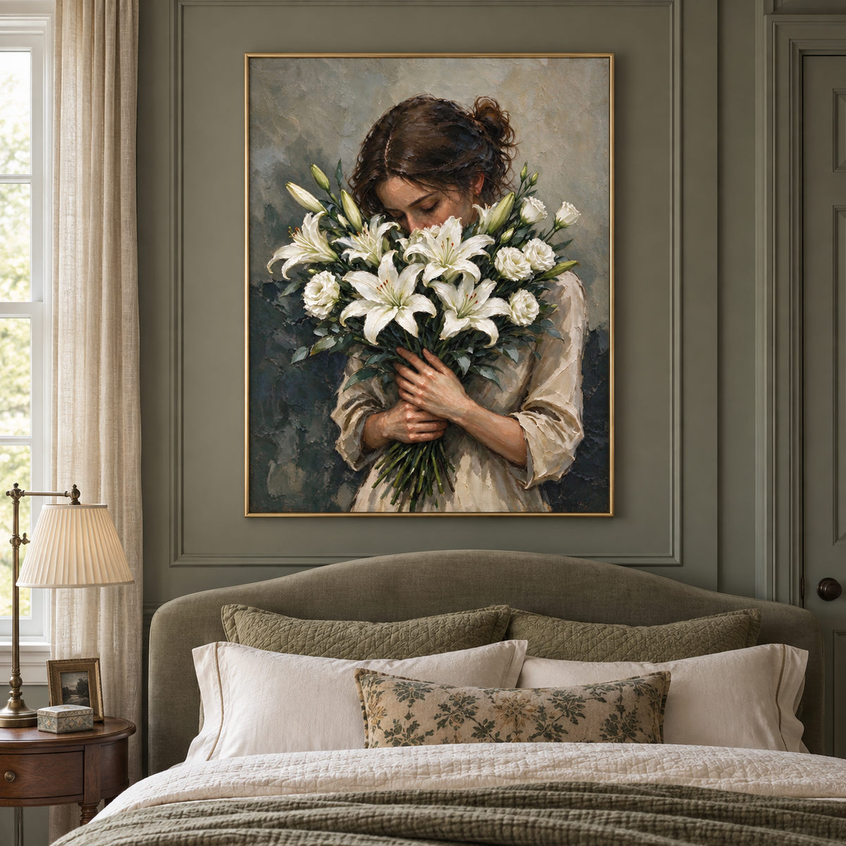 A woman looking down into a bouquet of white lilies and pale flowers against a muted gray background, shown in a traditional bedroom.