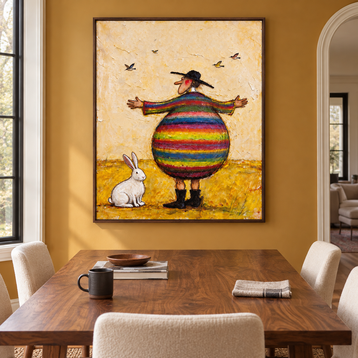 A round man in a rainbow-striped coat and black hat standing with arms spread beside a white rabbit while four small birds fly above a yellow field, shown in room setting 2.
