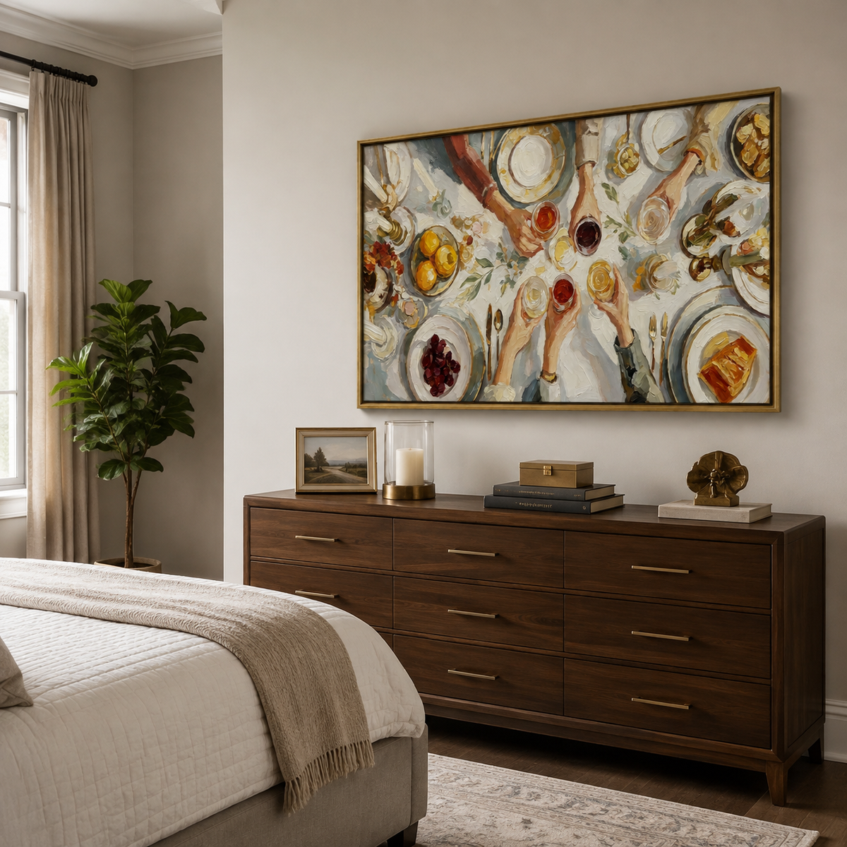 Hands raising glasses above a dinner table with plates, lemons, grapes, bread, and greenery, shown from an angle in a bedroom.