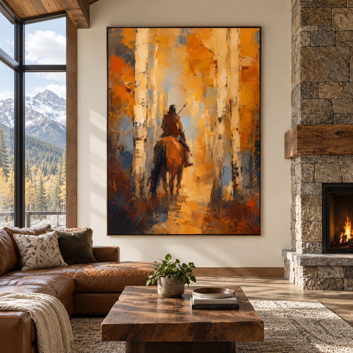 A rider on a brown horse viewed from behind among pale tree trunks and orange-yellow autumn foliage, shown in room setting 1.