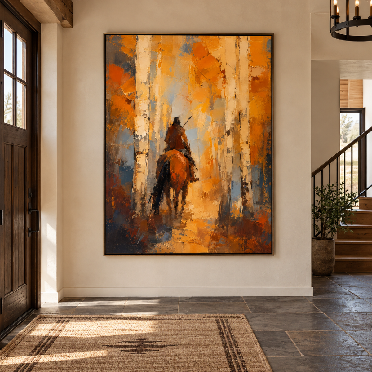 A rider on a brown horse viewed from behind among pale tree trunks and orange-yellow autumn foliage, shown in room setting 2.