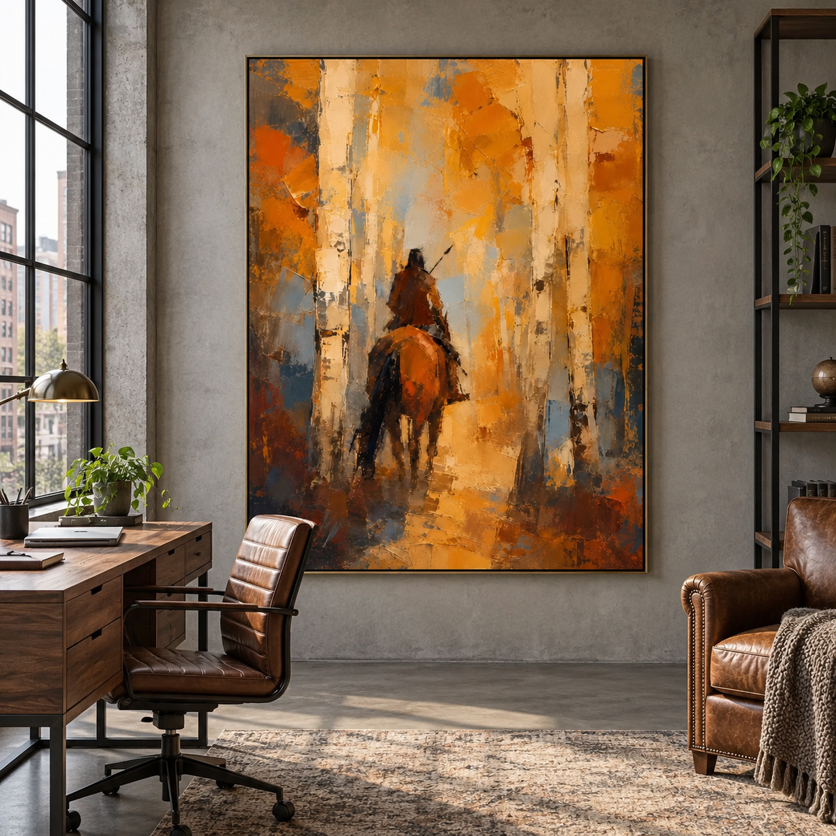 A rider on a brown horse viewed from behind among pale tree trunks and orange-yellow autumn foliage, shown in room setting 3.