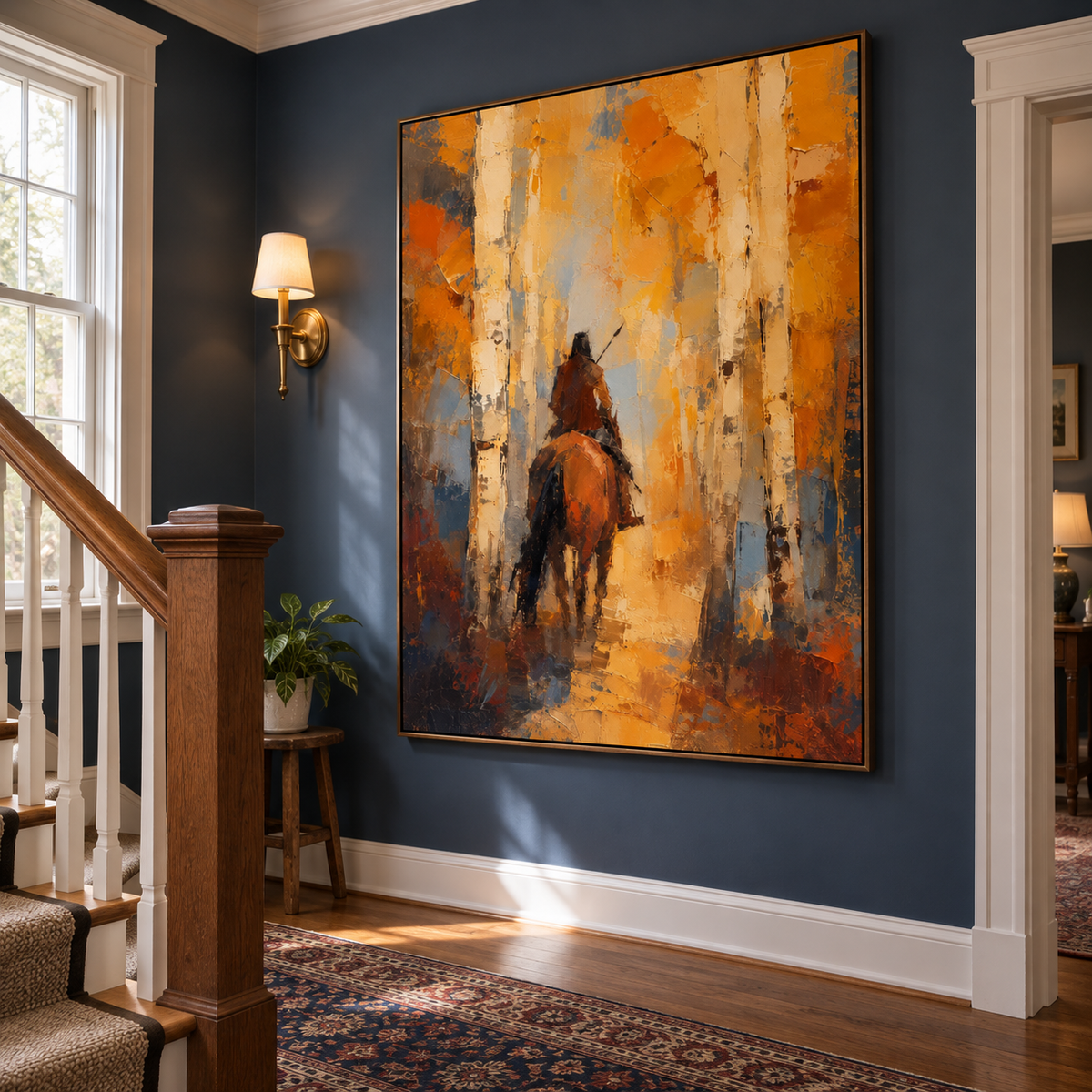 A rider on a brown horse viewed from behind among pale tree trunks and orange-yellow autumn foliage, shown in room setting 4.