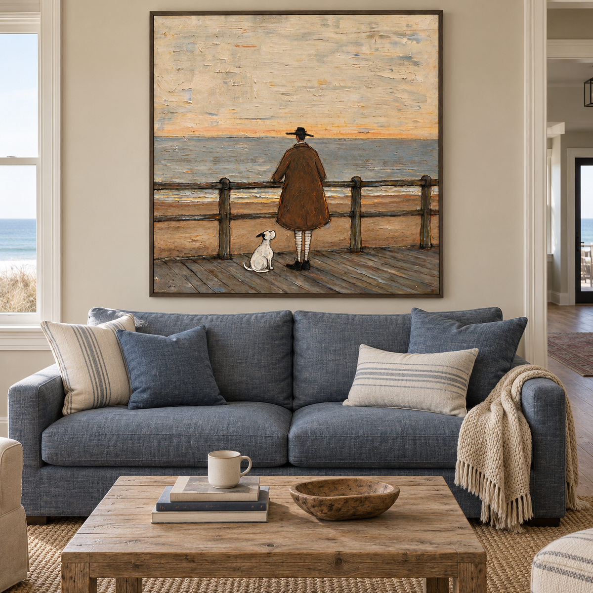 A man in a brown coat and black hat standing at a wooden boardwalk railing with a small white dog beside him overlooking a gray-blue sea beneath a pale sky, shown in room setting 1.