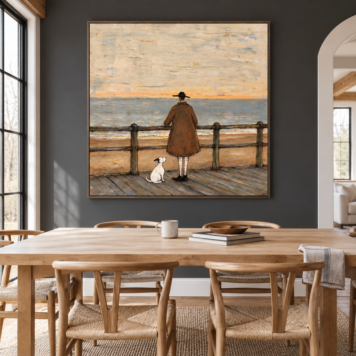 A man in a brown coat and black hat standing at a wooden boardwalk railing with a small white dog beside him overlooking a gray-blue sea beneath a pale sky, shown in room setting 2.